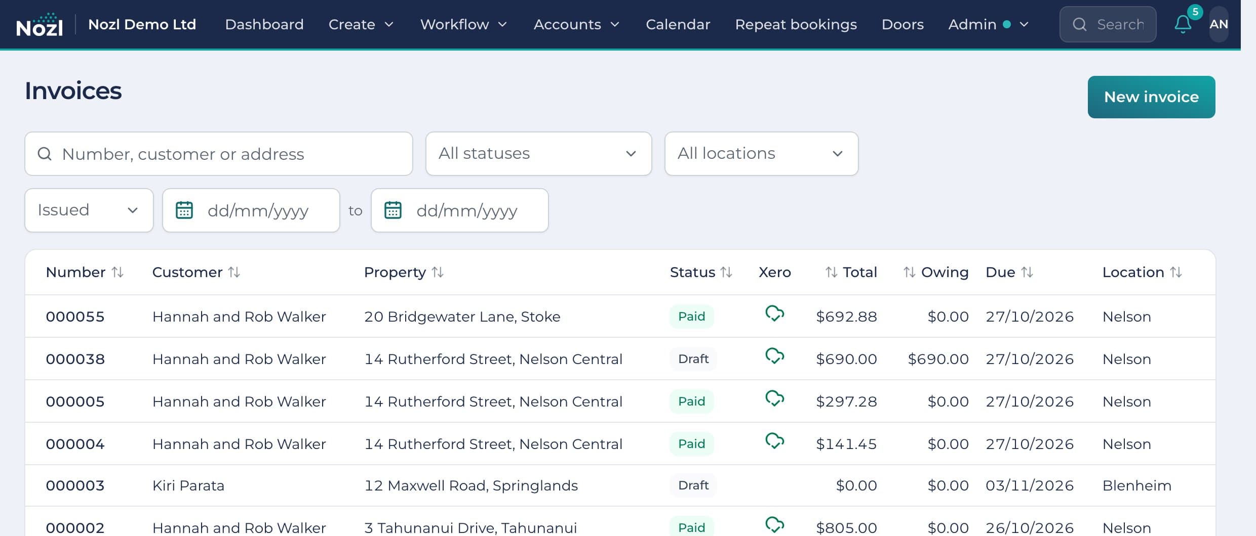 The invoices list with each invoice's status, whether it's in Xero, and what's owing