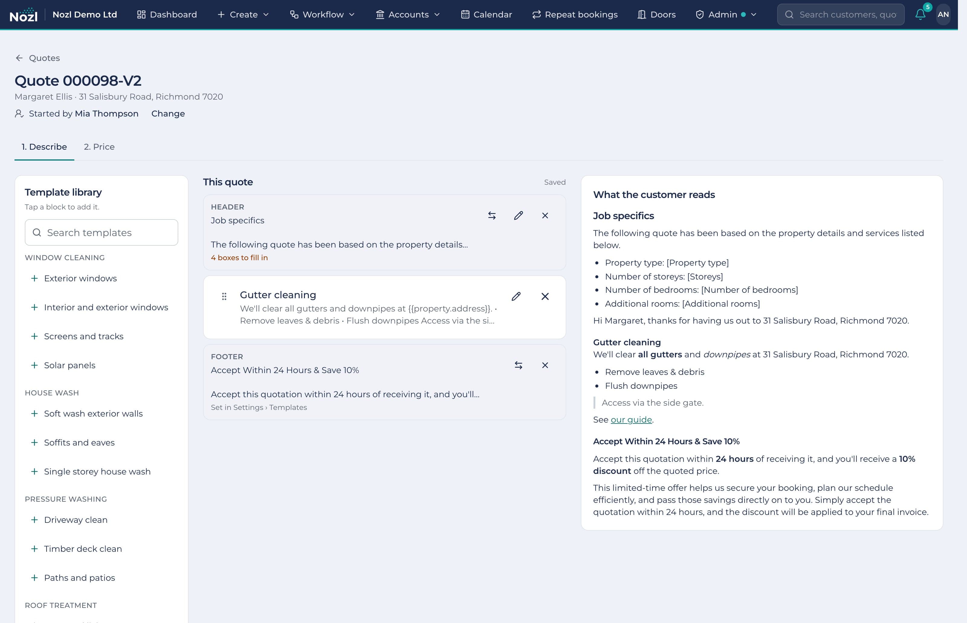 Writing a quote: the template library, the quote's blocks and what the customer reads, side by side
