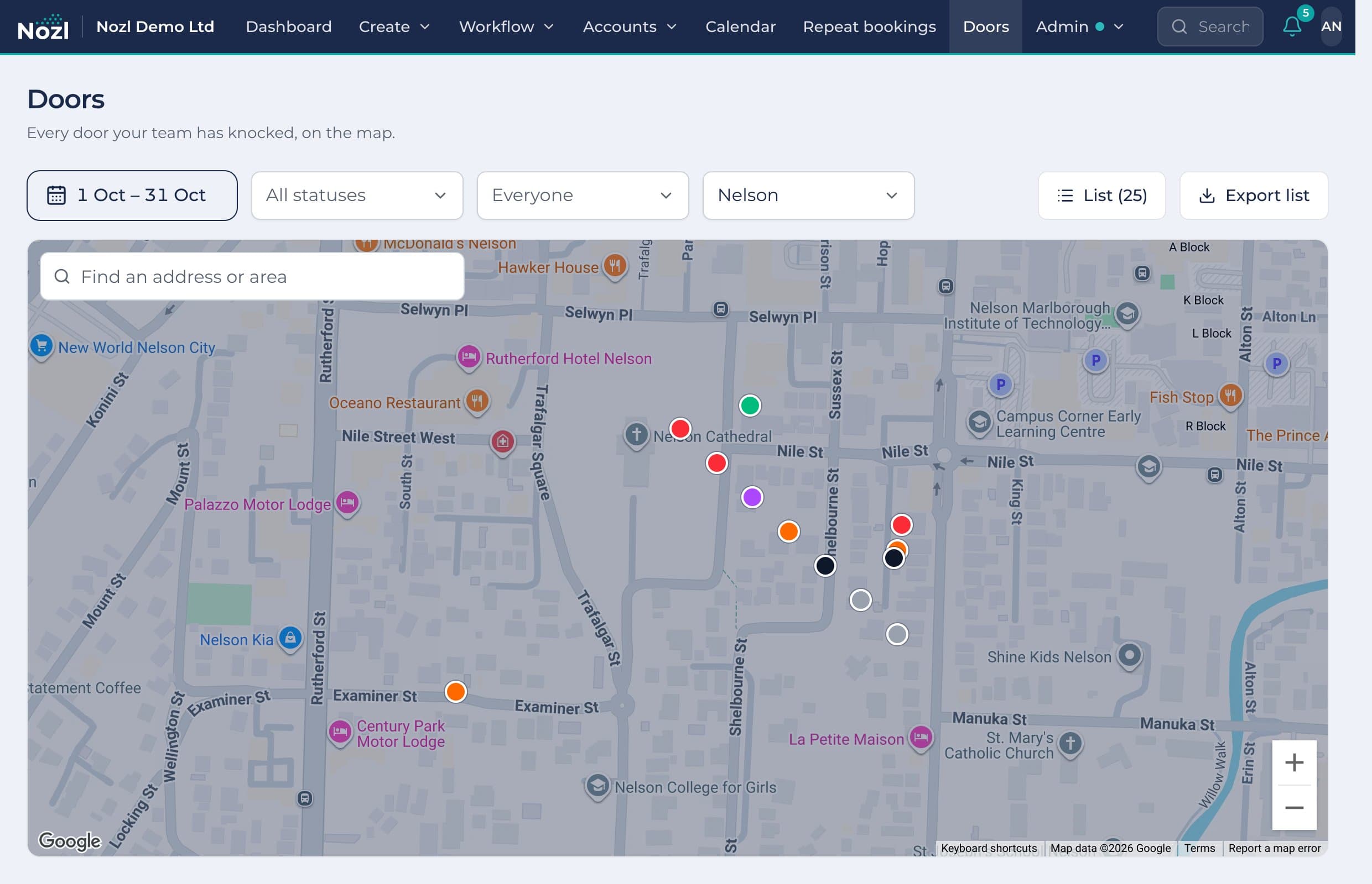 The office's Doors map: every door knocked in central Nelson, coloured by how it went