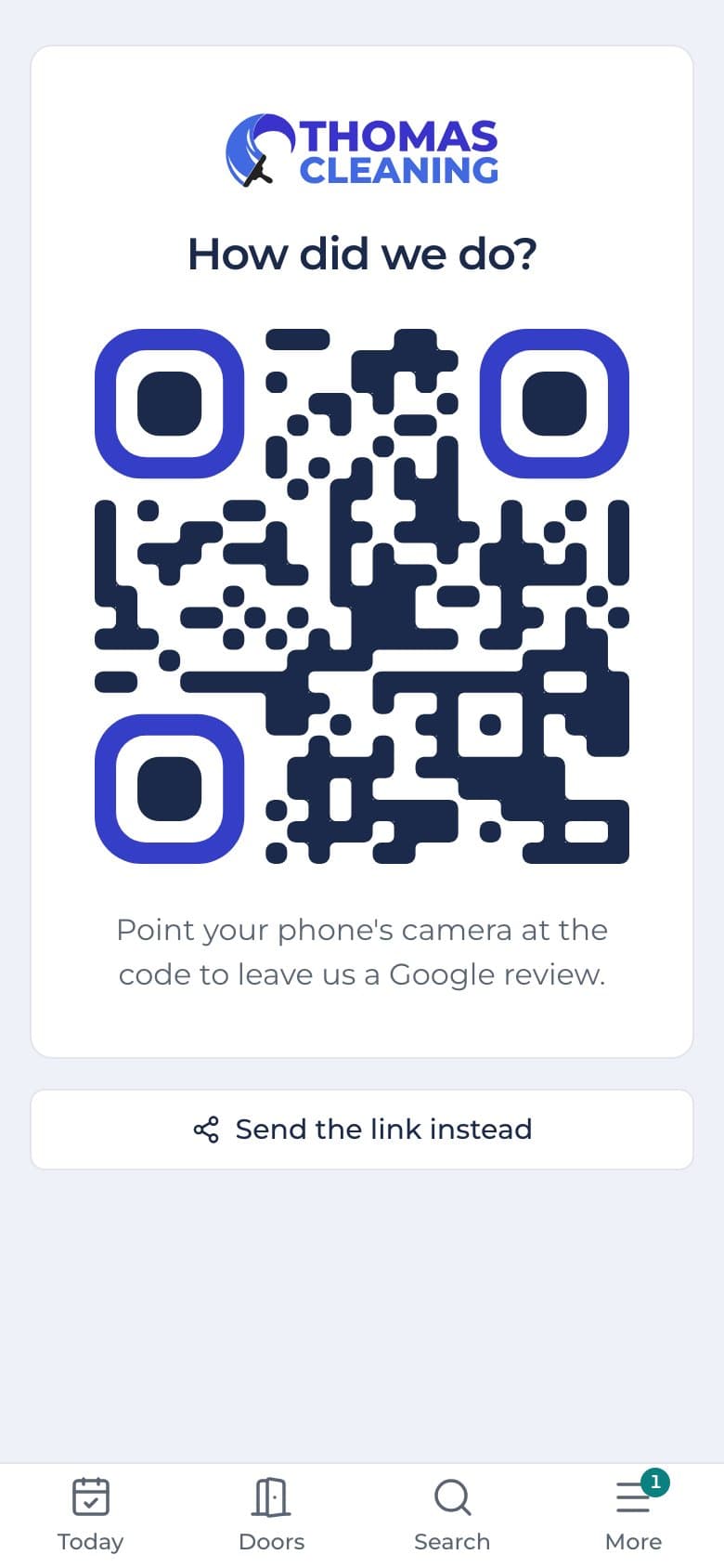 Ask for a review on a phone: the business's logo, How did we do? and a QR code to scan